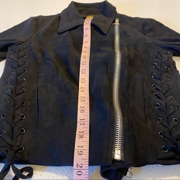 Olivaceous MOTO Jacket in True Black Biker Crop Faux Suede Lace Up Tie Zipper - Picture 5 of 16